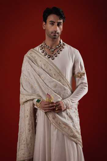 Sanchit Sharma Ivory Silk Angrakha Kurta Set With Dupatta at Aza Fashions Sanchit Sharma_Ivory Silk Angrakha Kurta Set With Dupatta _at_Aza_Fashions