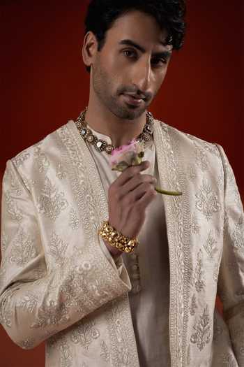 Shop Sanchit Sharma Ivory Silk Embroidered Jacket And Kurta Set Online at Aza Fashions Shop_Sanchit Sharma_Ivory Silk Embroidered Jacket And Kurta Set _Online_at_Aza_Fashions