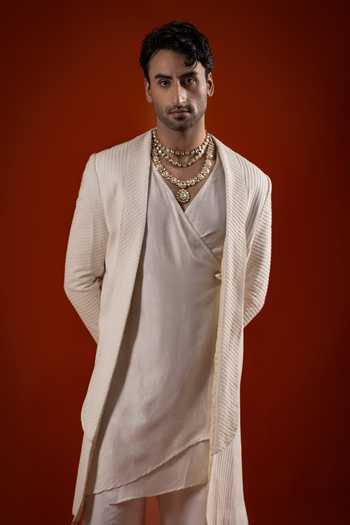 Sanchit Sharma Ivory Cotton Embroidered Longline Jacket And Kurta Set Online at Aza Fashions Sanchit Sharma_Ivory Cotton Embroidered Longline Jacket And Kurta Set _Online_at_Aza_Fashions