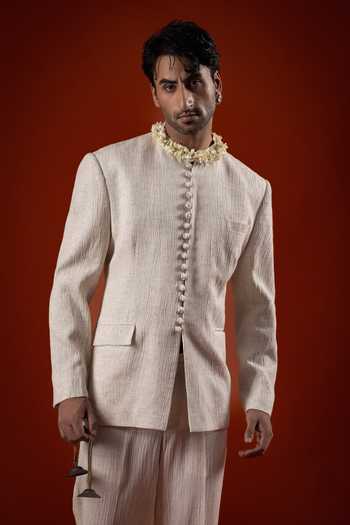 Shop Sanchit Sharma Ivory Silk Textured Bandhgala Set Online at Aza Fashions Shop_Sanchit Sharma_Ivory Silk Textured Bandhgala Set _Online_at_Aza_Fashions