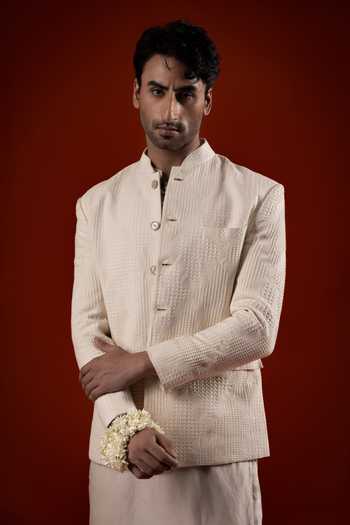 Sanchit Sharma Ivory Silk Textured Pattern Jacket And Kurta Set Online at Aza Fashions Sanchit Sharma_Ivory Silk Textured Pattern Jacket And Kurta Set _Online_at_Aza_Fashions