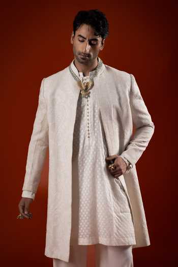 Sanchit Sharma Ivory Silk Jacquard Woven Kurta And Jacket Set Online at Aza Fashions Sanchit Sharma_Ivory Silk Jacquard Woven Kurta And Jacket Set _Online_at_Aza_Fashions