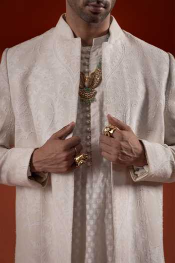 Shop Sanchit Sharma Ivory Silk Jacquard Woven Kurta And Jacket Set Online at Aza Fashions Shop_Sanchit Sharma_Ivory Silk Jacquard Woven Kurta And Jacket Set _Online_at_Aza_Fashions
