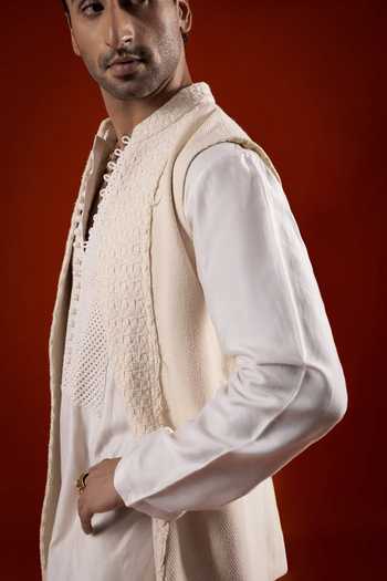 Sanchit Sharma Ivory Silk, Cotton Textured Pattern Kurta Set With Bundi Online at Aza Fashions Sanchit Sharma_Ivory Silk, Cotton Textured Pattern Kurta Set With Bundi _Online_at_Aza_Fashions