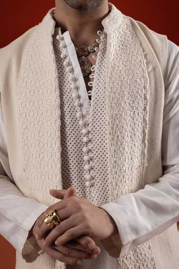 Shop Sanchit Sharma Ivory Silk, Cotton Textured Pattern Kurta Set With Bundi Online at Aza Fashions Shop_Sanchit Sharma_Ivory Silk, Cotton Textured Pattern Kurta Set With Bundi _Online_at_Aza_Fashions