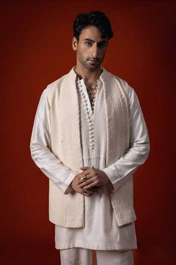 Sanchit Sharma Textured Pattern Kurta Set With Bundi 