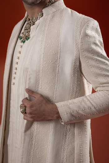 Buy Sanchit Sharma Ivory Silk, Cotton Layered Kurta And Jacket Set Online at Aza Fashions Buy_Sanchit Sharma_Ivory Silk, Cotton Layered Kurta And Jacket Set _Online_at_Aza_Fashions