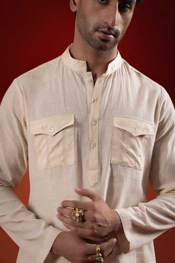 Sanchit Sharma Beige Silk, Cotton Utility Pocket Kurta Set Online at Aza Fashions Sanchit Sharma_Beige Silk, Cotton Utility Pocket Kurta Set _Online_at_Aza_Fashions