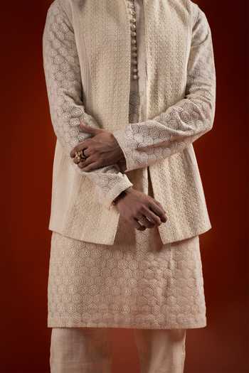 Buy Sanchit Sharma Ivory Silk, Cotton Textured Kurta Set With Bundi Online at Aza Fashions Buy_Sanchit Sharma_Ivory Silk, Cotton Textured Kurta Set With Bundi _Online_at_Aza_Fashions