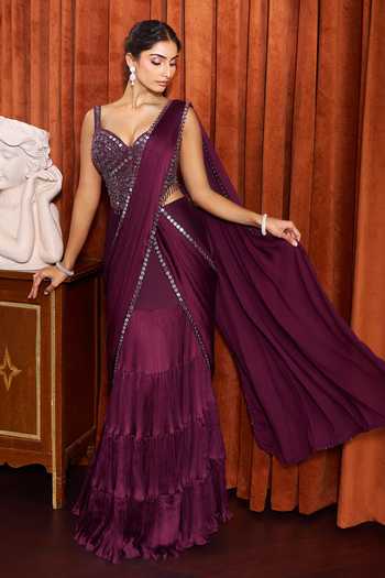 Buy Samyukta Singhania Purple Crepe Sweetheart Neck Pre-draped Lehenga Saree With Embroidered Blouse Online at Aza Fashions Buy_Samyukta Singhania_Purple Crepe Sweetheart Neck Pre-draped Lehenga Saree With Embroidered Blouse _Online_at_Aza_Fashions