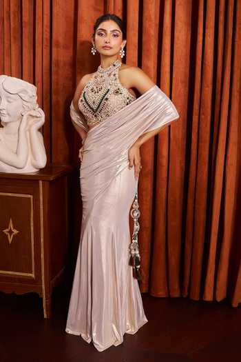 Buy Samyukta Singhania Beige Lycra High Neck Metallic Pre-draped Saree With Embroidered Blouse Buy_Samyukta Singhania_Beige Lycra High Neck Metallic Pre-draped Saree With Embroidered Blouse