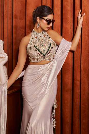 Shop Samyukta Singhania Beige Lycra High Neck Metallic Pre-draped Saree With Embroidered Blouse Shop_Samyukta Singhania_Beige Lycra High Neck Metallic Pre-draped Saree With Embroidered Blouse