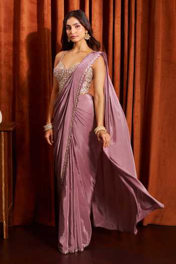Buy Samyukta Singhania Pink Silk, Crepe Sweetheart Neck Pre-draped Saree With Mirror Work Blouse Online at Aza Fashions Buy_Samyukta Singhania_Pink Silk, Crepe Sweetheart Neck Pre-draped Saree With Mirror Work Blouse _Online_at_Aza_Fashions