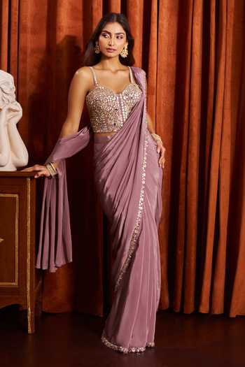 Shop Samyukta Singhania Pink Silk, Crepe Sweetheart Neck Pre-draped Saree With Mirror Work Blouse Online at Aza Fashions Shop_Samyukta Singhania_Pink Silk, Crepe Sweetheart Neck Pre-draped Saree With Mirror Work Blouse _Online_at_Aza_Fashions