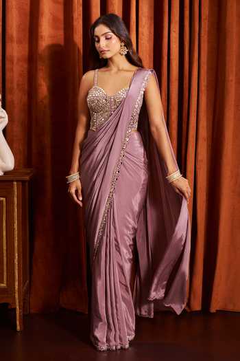 Samyukta Singhania Pink Silk, Crepe Sweetheart Neck Pre-draped Saree With Mirror Work Blouse at Aza Fashions Samyukta Singhania_Pink Silk, Crepe Sweetheart Neck Pre-draped Saree With Mirror Work Blouse _at_Aza_Fashions
