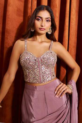 Shop Samyukta Singhania Pink Silk, Crepe Sweetheart Neck Pre-draped Saree With Mirror Work Blouse Shop_Samyukta Singhania_Pink Silk, Crepe Sweetheart Neck Pre-draped Saree With Mirror Work Blouse