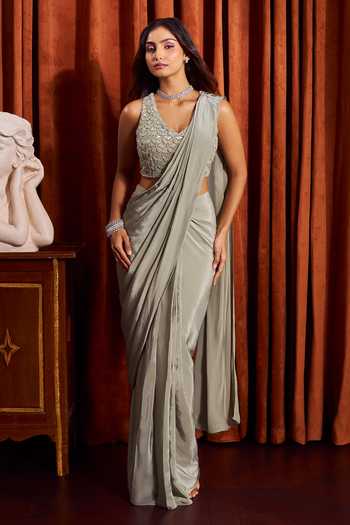 Shop_Samyukta Singhania_Green Silk, Crepe V-neck Pre-draped Saree With Leaf Embroidered Blouse 