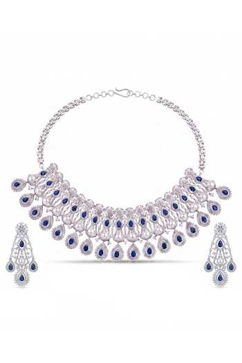 Shop Mnsh Silver Plated Sheesh Mahal Sapphire Choker Set at Aza Fashions Shop_Mnsh_Silver Plated Sheesh Mahal Sapphire Choker Set _at_Aza_Fashions