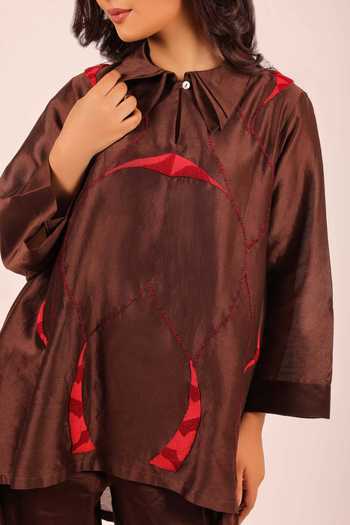 Myra Clothing Line Brown Chanderi Collared Neck, Yes Hand Embroidered Short Kurta And Pant Set Online at Aza Fashions Myra Clothing Line_Brown Chanderi Collared Neck, Yes Hand Embroidered Short Kurta And Pant Set _Online_at_Aza_Fashions