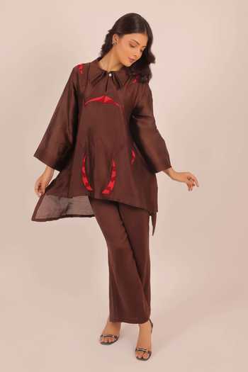 Shop Myra Clothing Line Brown Chanderi Collared Neck, Yes Hand Embroidered Short Kurta And Pant Set Online at Aza Fashions Shop_Myra Clothing Line_Brown Chanderi Collared Neck, Yes Hand Embroidered Short Kurta And Pant Set _Online_at_Aza_Fashions