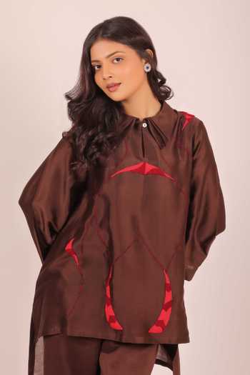 Myra Clothing Line Brown Chanderi Collared Neck, Yes Hand Embroidered Short Kurta And Pant Set at Aza Fashions Myra Clothing Line_Brown Chanderi Collared Neck, Yes Hand Embroidered Short Kurta And Pant Set _at_Aza_Fashions