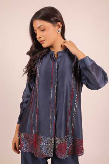 Myra Clothing Line_Blue Chanderi Mandarin Collar, Yes Embroidered Short Kurta And Pant Set _Online_at_Aza_Fashions