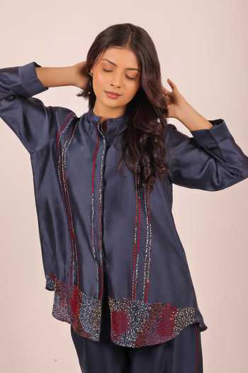 Buy_Myra Clothing Line_Blue Chanderi Mandarin Collar, Yes Embroidered Short Kurta And Pant Set _Online_at_Aza_Fashions