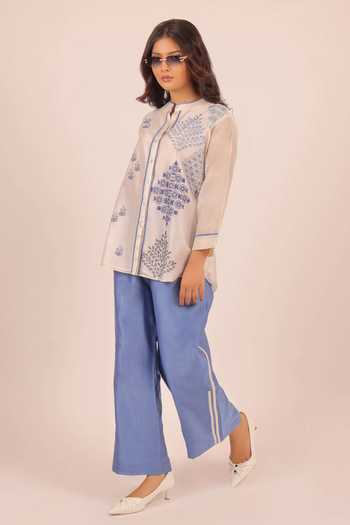 Buy_Myra Clothing Line_Ivory Chanderi Mandarin Collar, Yes Embroidered Kurta And Pant Set _Online_at_Aza_Fashions