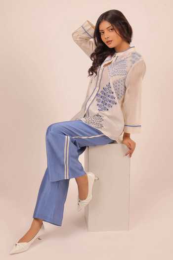 Shop_Myra Clothing Line_Ivory Chanderi Mandarin Collar, Yes Embroidered Kurta And Pant Set _Online_at_Aza_Fashions