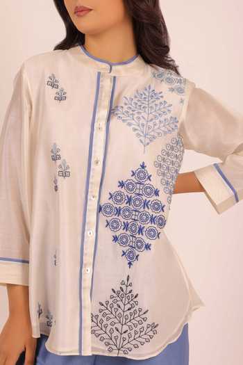 Myra Clothing Line_Ivory Chanderi Mandarin Collar, Yes Embroidered Kurta And Pant Set _at_Aza_Fashions