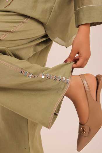 Myra Clothing Line Olive Green Chanderi Collared Neck, Yes Hand Work Straight Kurta And Pant Set Online at Aza Fashions Myra Clothing Line_Olive Green Chanderi Collared Neck, Yes Hand Work Straight Kurta And Pant Set _Online_at_Aza_Fashions