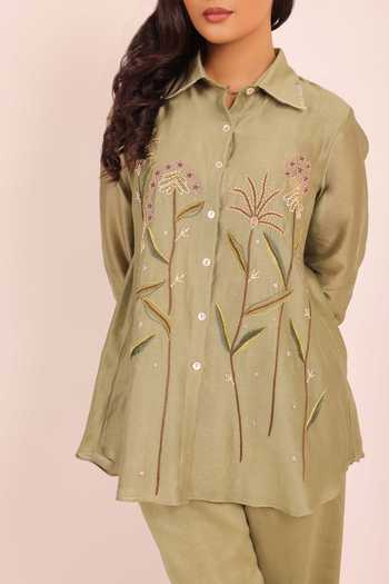 Buy Myra Clothing Line Olive Green Chanderi Collared Neck, Yes Hand Work Straight Kurta And Pant Set Online at Aza Fashions Buy_Myra Clothing Line_Olive Green Chanderi Collared Neck, Yes Hand Work Straight Kurta And Pant Set _Online_at_Aza_Fashions