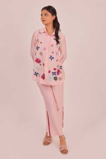 Buy_Myra Clothing Line_Pink Chanderi Collared Neck, Yes Hand Embroidered Kurta And Pant Set _Online_at_Aza_Fashions