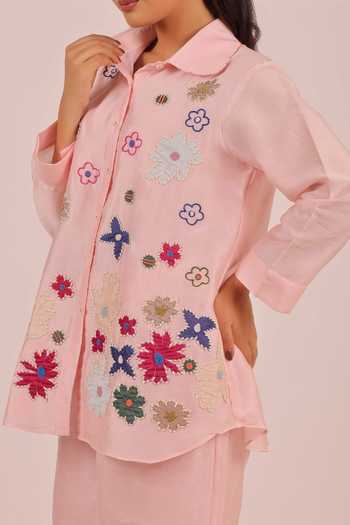 Shop_Myra Clothing Line_Pink Chanderi Collared Neck, Yes Hand Embroidered Kurta And Pant Set _Online_at_Aza_Fashions