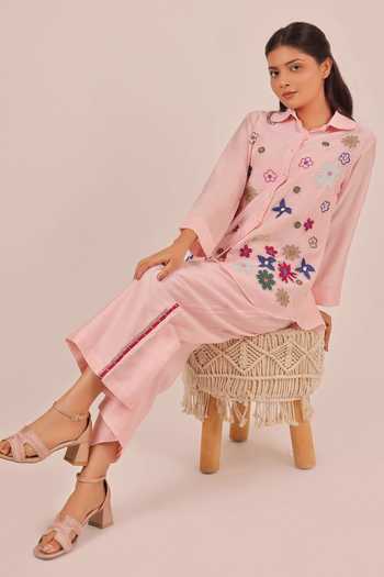 Myra Clothing Line_Pink Chanderi Collared Neck, Yes Hand Embroidered Kurta And Pant Set _at_Aza_Fashions