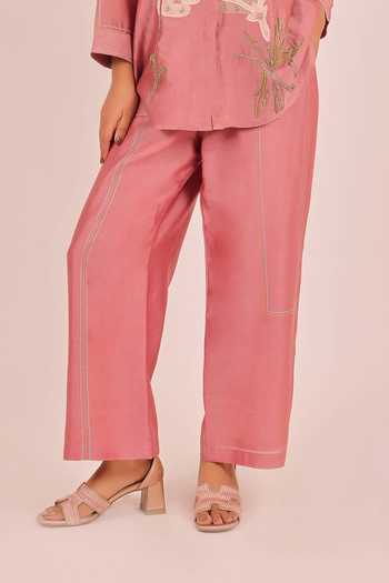 Myra Clothing Line Peach Chanderi Collared Neck, Yes Floral Applique Work Kurta And Pant Set Online at Aza Fashions Myra Clothing Line_Peach Chanderi Collared Neck, Yes Floral Applique Work Kurta And Pant Set _Online_at_Aza_Fashions
