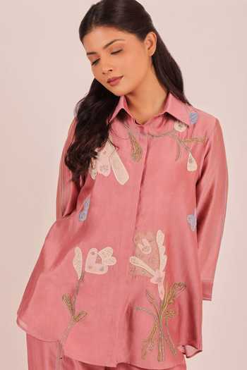 Buy Myra Clothing Line Peach Chanderi Collared Neck, Yes Floral Applique Work Kurta And Pant Set Online at Aza Fashions Buy_Myra Clothing Line_Peach Chanderi Collared Neck, Yes Floral Applique Work Kurta And Pant Set _Online_at_Aza_Fashions