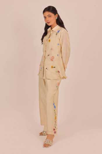 Myra Clothing Line Beige Chanderi Collared Neck, Yes Floral Embroidered Kurta And Pant Set Online at Aza Fashions Myra Clothing Line_Beige Chanderi Collared Neck, Yes Floral Embroidered Kurta And Pant Set _Online_at_Aza_Fashions