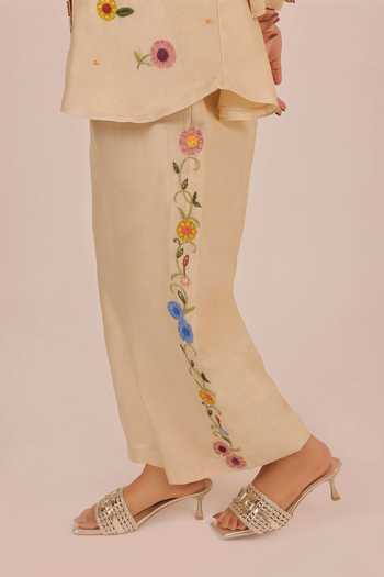 Buy Myra Clothing Line Beige Chanderi Collared Neck, Yes Floral Embroidered Kurta And Pant Set Online at Aza Fashions Buy_Myra Clothing Line_Beige Chanderi Collared Neck, Yes Floral Embroidered Kurta And Pant Set _Online_at_Aza_Fashions