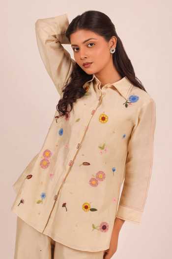 Shop Myra Clothing Line Beige Chanderi Collared Neck, Yes Floral Embroidered Kurta And Pant Set Online at Aza Fashions Shop_Myra Clothing Line_Beige Chanderi Collared Neck, Yes Floral Embroidered Kurta And Pant Set _Online_at_Aza_Fashions
