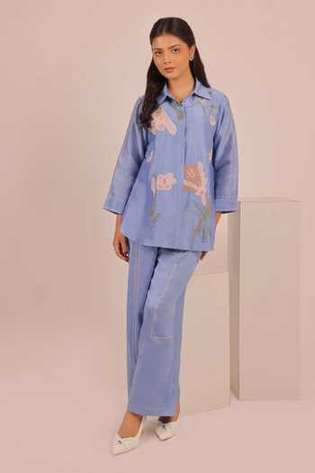 Myra Clothing Line Sky Blue Chanderi Collared Neck, Yes Floral Applique Kurta And Pant Set Online at Aza Fashions Myra Clothing Line_Sky Blue Chanderi Collared Neck, Yes Floral Applique Kurta And Pant Set _Online_at_Aza_Fashions
