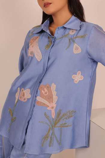 Buy Myra Clothing Line Sky Blue Chanderi Collared Neck, Yes Floral Applique Kurta And Pant Set Online at Aza Fashions Buy_Myra Clothing Line_Sky Blue Chanderi Collared Neck, Yes Floral Applique Kurta And Pant Set _Online_at_Aza_Fashions