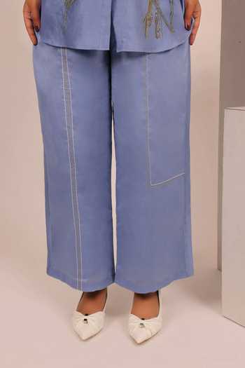 Shop Myra Clothing Line Sky Blue Chanderi Collared Neck, Yes Floral Applique Kurta And Pant Set Online at Aza Fashions Shop_Myra Clothing Line_Sky Blue Chanderi Collared Neck, Yes Floral Applique Kurta And Pant Set _Online_at_Aza_Fashions