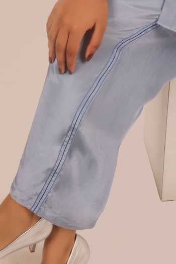 Myra Clothing Line Sky Blue Crepe Mandarin Collar, Yes Embroidered Asymmetric Kurta And Pant Set Online at Aza Fashions Myra Clothing Line_Sky Blue Crepe Mandarin Collar, Yes Embroidered Asymmetric Kurta And Pant Set _Online_at_Aza_Fashions