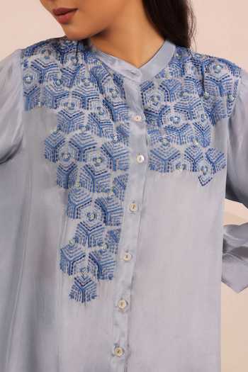 Buy Myra Clothing Line Sky Blue Crepe Mandarin Collar, Yes Embroidered Asymmetric Kurta And Pant Set Online at Aza Fashions Buy_Myra Clothing Line_Sky Blue Crepe Mandarin Collar, Yes Embroidered Asymmetric Kurta And Pant Set _Online_at_Aza_Fashions