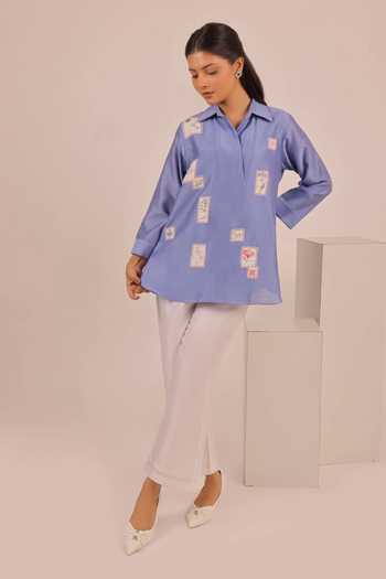 Myra Clothing Line Sky Blue Chanderi Collared Neck Floral Patchwork Embroidered Shirt Online at Aza Fashions Myra Clothing Line_Sky Blue Chanderi Collared Neck Floral Patchwork Embroidered Shirt _Online_at_Aza_Fashions