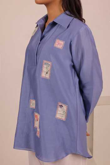 Buy_Myra Clothing Line_Sky Blue Chanderi Collared Neck Floral Patchwork Embroidered Shirt _Online_at_Aza_Fashions