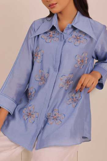 Myra Clothing Line_Sky Blue Chanderi Collared Neck Floral Embellished Shirt _Online_at_Aza_Fashions