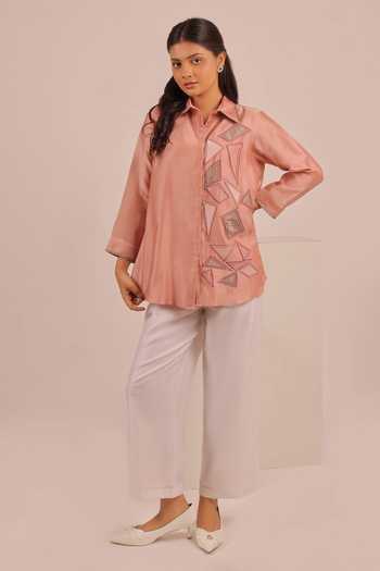Myra Clothing Line Peach Chanderi Collared Neck Geometric Patchwork Shirt Online at Aza Fashions Myra Clothing Line_Peach Chanderi Collared Neck Geometric Patchwork Shirt _Online_at_Aza_Fashions