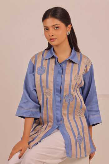 Myra Clothing Line Sky Blue Chanderi Collared Neck Embroidered Shirt Online at Aza Fashions Myra Clothing Line_Sky Blue Chanderi Collared Neck Embroidered Shirt _Online_at_Aza_Fashions